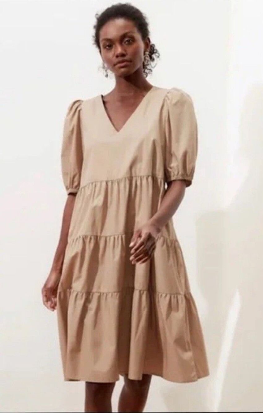 Banana Republic Puff Sleeve Tiered Midi Petite Dress Khaki- M